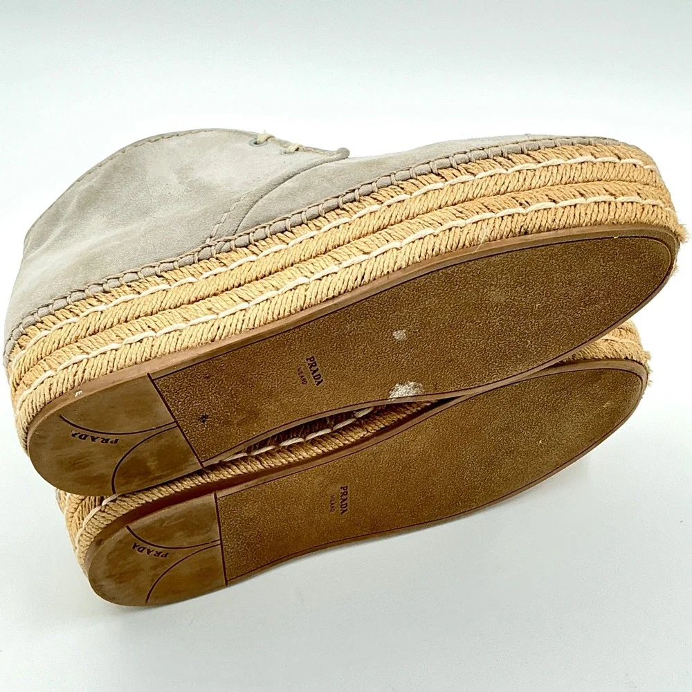 Prada Size 39 US 8 Espadrille Platform Chukka Ankle Boot Taupe Gray Suede